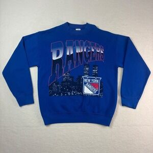 Vintage New York Rangers Crewneck Sweatshirt Mens L Blue Twin Towers Skyline NHL